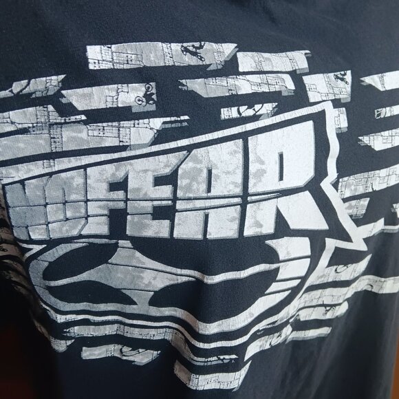 Large Vintage Y2K No Fear Black Graphic T-Shirt Distressed Print Design